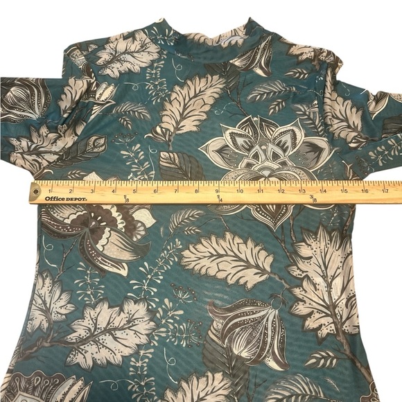 Blue B Mesh Top Size L Teal Long Sleeve Mock Neck Back Keyhole Button Closure - Picture 10 of 12